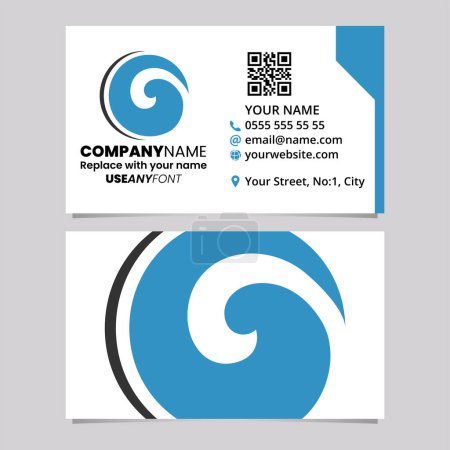 Illustration for Blue and Black Business Card Template with Whirl Shaped Letter O Logo Icon Over a Light Grey Background - Royalty Free Image