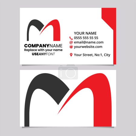 Ilustración de Plantilla de tarjeta de visita roja y negra con el icono de la letra M en forma de arco sobre un fondo gris claro - Imagen libre de derechos