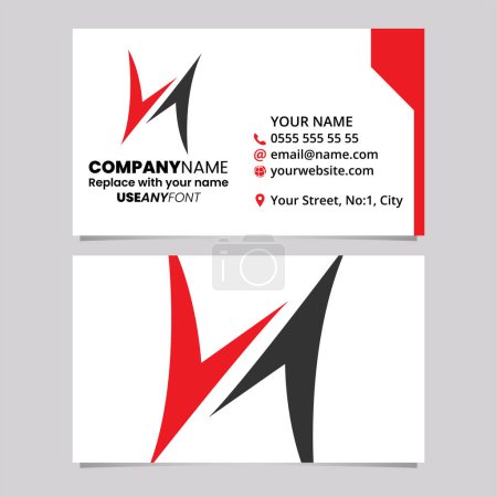 Illustration for Red and Black Business Card Template with Arrow Shaped Letter H Logo Icon Over a Light Grey Background - Royalty Free Image