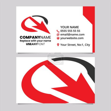 Illustration for Red and Black Business Card Template with Arrow Shaped Letter Q Logo Icon Over a Light Grey Background - Royalty Free Image
