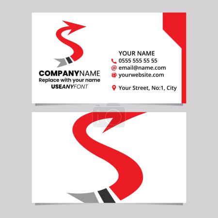 Illustration for Red and Black Business Card Template with Arrow Shaped Letter S Logo Icon Over a Light Grey Background - Royalty Free Image