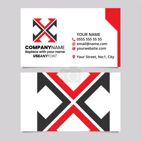 Ilustración de Plantilla de tarjeta de visita roja y negra con Arrow Square en forma de letra X icono del logotipo sobre un fondo gris claro - Imagen libre de derechos