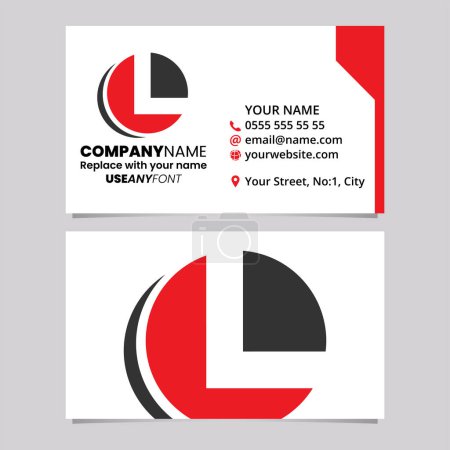 Téléchargez les illustrations : Modèle de carte de visite rouge et noire avec cercle en forme de lettre L Logo icône sur un fond gris clair - en licence libre de droit