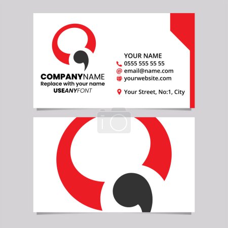 Téléchargez les illustrations : Modèle de carte de visite rouge et noire avec lettre en forme de virgule Q icône logo sur un fond gris clair - en licence libre de droit