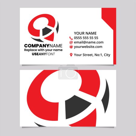 Téléchargez les illustrations : Modèle de carte de visite rouge et noire avec lettre Q en forme de boussole Icône de logo sur un fond gris clair - en licence libre de droit