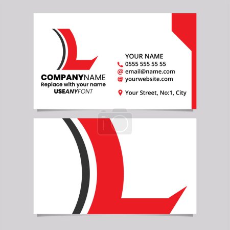 Téléchargez les illustrations : Modèle de carte de visite rouge et noire avec lentille concave en forme de lettre L Logo icône sur un fond gris clair - en licence libre de droit