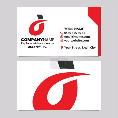 Téléchargez les illustrations : Modèle de carte de visite rouge et noire avec icône incurvée de logo de la lettre D sur un fond gris clair - en licence libre de droit