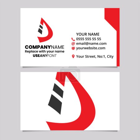 Téléchargez les illustrations : Modèle de carte de visite rouge et noire avec icône incurvée à rayures lettre D sur fond gris clair - en licence libre de droit