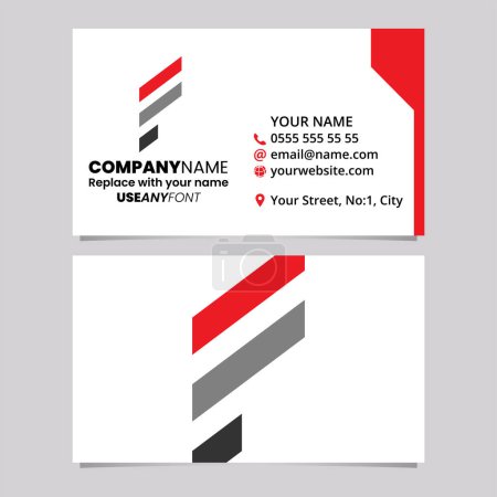 Ilustración de Plantilla de tarjeta de visita roja y negra con icono de logotipo de letra F a rayas diagonales sobre un fondo gris claro - Imagen libre de derechos