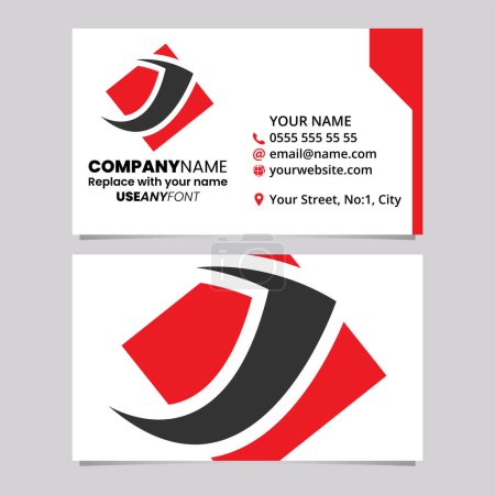 Illustration for Red and Black Business Card Template with Diamond Square Letter J Logo Icon Over a Light Grey Background - Royalty Free Image