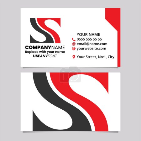 Téléchargez les illustrations : Modèle de carte de visite rouge et noire avec aileron de poisson en forme de lettre S Logo icône sur un fond gris clair - en licence libre de droit