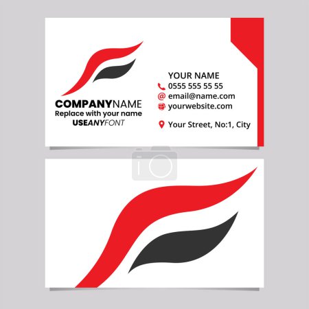 Illustration for Red and Black Business Card Template with Flying Bird Shaped Letter F Logo Icon Over a Light Grey Background - Royalty Free Image