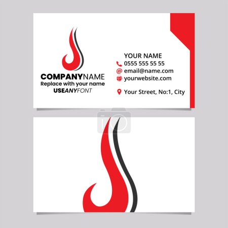 Ilustración de Plantilla de tarjeta de visita roja y negra con gancho en forma de letra J icono del logotipo sobre un fondo gris claro - Imagen libre de derechos