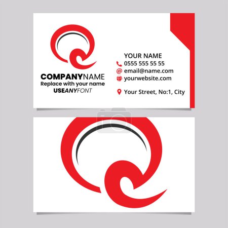 Illustration for Red and Black Business Card Template with Hook Shaped Letter Q Logo Icon Over a Light Grey Background - Royalty Free Image