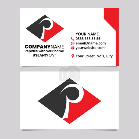 Illustration for Red and Black Business Card Template with Horizontal Diamond Shaped Letter P Logo Icon Over a Light Grey Background - Royalty Free Image