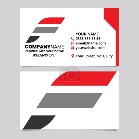 Ilustración de Plantilla de tarjeta de visita roja y negra con icono de logotipo de letra F a rayas horizontales sobre un fondo gris claro - Imagen libre de derechos