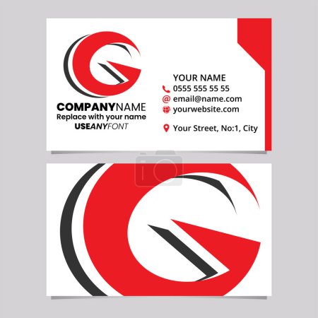 Téléchargez les illustrations : Modèle de carte de visite rouge et noire avec une icône de logo G en couches sur un fond gris clair - en licence libre de droit