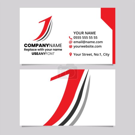 Ilustración de Plantilla de tarjeta de visita roja y negra con el icono del logotipo de la letra J en capas sobre un fondo gris claro - Imagen libre de derechos