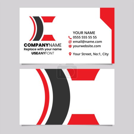 Téléchargez les illustrations : Modèle de carte de visite rouge et noire avec lentille en forme de lettre C Logo icône sur un fond gris clair - en licence libre de droit