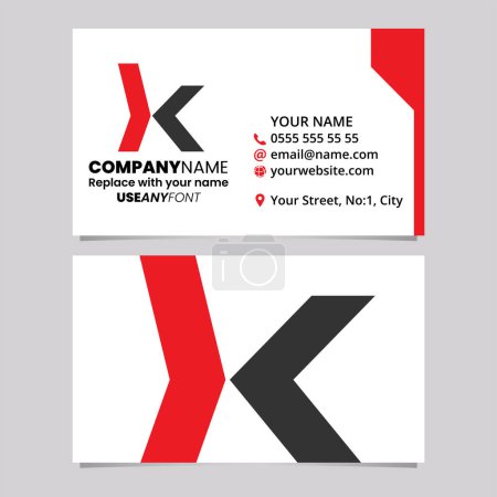 Téléchargez les illustrations : Modèle de carte de visite rouge et noire avec flèche minuscule en forme de lettre K icône logo sur un fond gris clair - en licence libre de droit