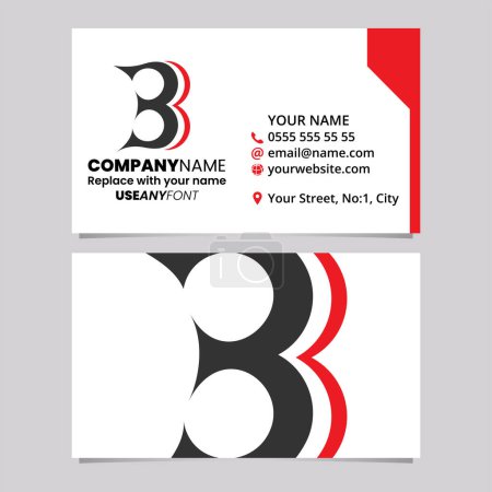 Illustration for Red and Black Business Card Template with Number 3 Shaped Letter B Logo Icon Over a Light Grey Background - Royalty Free Image