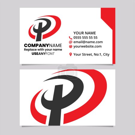 Ilustración de Plantilla de tarjeta de visita roja y negra con icono de logotipo de letra P en forma ovalada sobre un fondo gris claro - Imagen libre de derechos