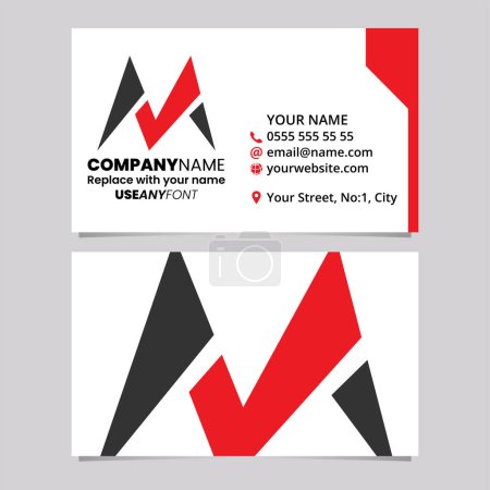 Ilustración de Plantilla de tarjeta de visita roja y negra con el icono de la letra M con punta puntiaguda sobre un fondo gris claro - Imagen libre de derechos