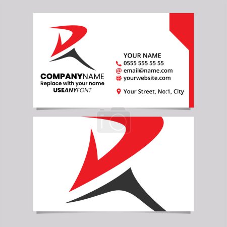 Ilustración de Plantilla de tarjeta de visita roja y negra con el icono de la letra R de punta puntiaguda sobre un fondo gris claro - Imagen libre de derechos