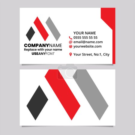 Illustration for Red and Black Business Card Template with Rectangle Letter M Logo Icon Over a Light Grey Background - Royalty Free Image