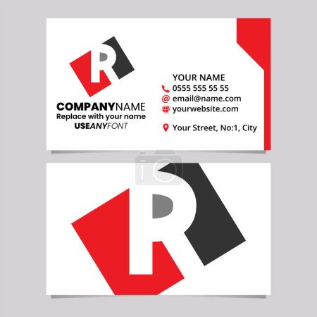 Ilustración de Plantilla de tarjeta de visita roja y negra con el icono de la letra R en forma de rectángulo sobre un fondo gris claro - Imagen libre de derechos
