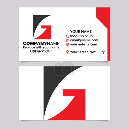 Ilustración de Plantilla de tarjeta de visita roja y negra con icono de la letra G rectangular sobre un fondo gris claro - Imagen libre de derechos