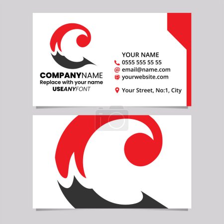 Ilustración de Plantilla de tarjeta de visita roja y negra con el icono redondo de la letra C rizada sobre un fondo gris claro - Imagen libre de derechos