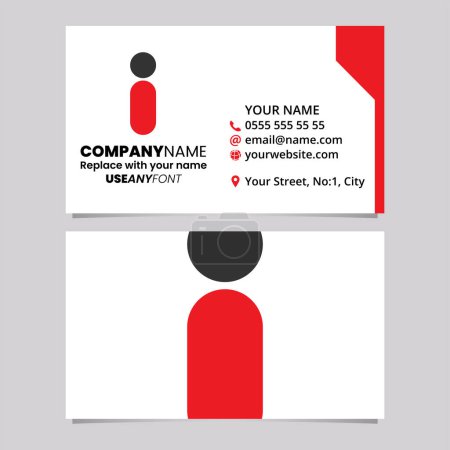 Téléchargez les illustrations : Modèle de carte de visite rouge et noire avec la lettre ronde I logo icône sur un fond gris clair - en licence libre de droit
