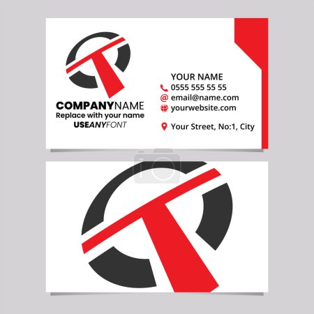 Ilustración de Plantilla de tarjeta de visita roja y negra con icono de letra T en forma redonda sobre un fondo gris claro - Imagen libre de derechos