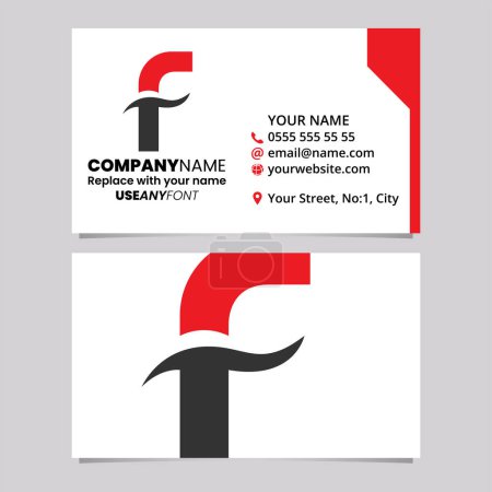 Téléchargez les illustrations : Modèle de carte de visite rouge et noire avec lettre en forme de pointe ronde F logo icône sur un fond gris clair - en licence libre de droit
