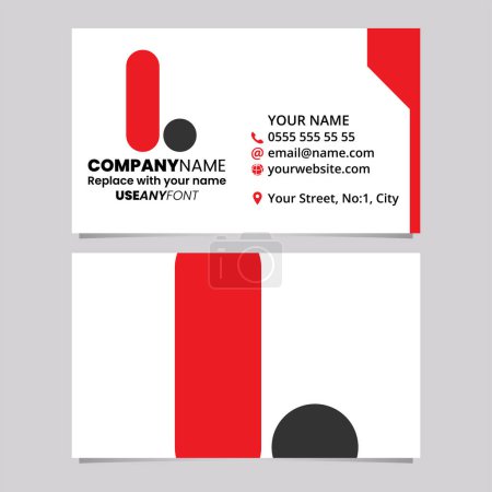 Téléchargez les illustrations : Modèle de carte de visite rouge et noire avec icône arrondie du logo de la lettre L sur un fond gris clair - en licence libre de droit