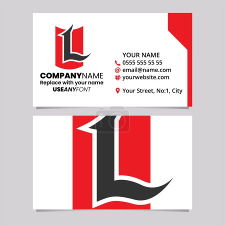 Téléchargez les illustrations : Modèle de carte de visite rouge et noire avec écu en forme de lettre L Logo icône sur un fond gris clair - en licence libre de droit