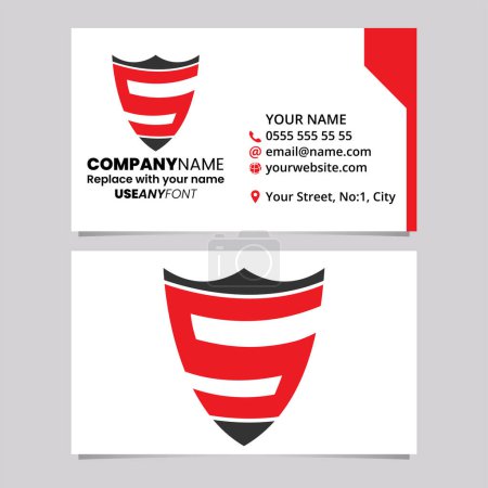Illustration for Red and Black Business Card Template with Shield Shaped Letter S Logo Icon Over a Light Grey Background - Royalty Free Image