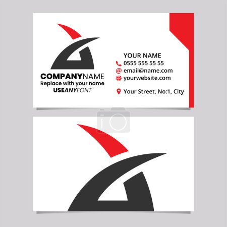 Téléchargez les illustrations : Modèle de carte de visite rouge et noire avec lettre minuscule pointue Une icône de logo sur un fond gris clair - en licence libre de droit