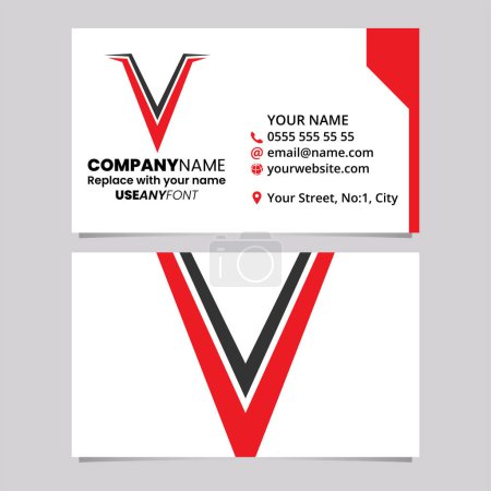 Ilustración de Plantilla de tarjeta de visita roja y negra con el icono de la letra V en forma de espiga sobre un fondo gris claro - Imagen libre de derechos