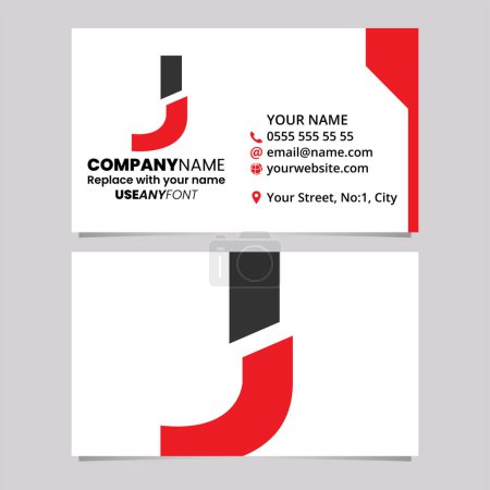 Illustration for Red and Black Business Card Template with Split Shaped Letter J Logo Icon Over a Light Grey Background - Royalty Free Image