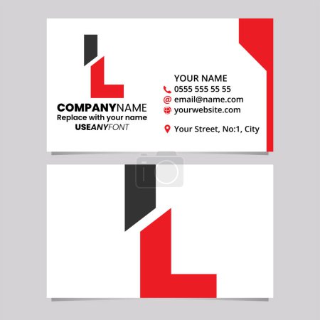 Téléchargez les illustrations : Modèle de carte de visite rouge et noire avec une icône de logo en forme de lettre L divisée sur un fond gris clair - en licence libre de droit