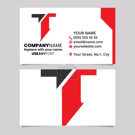 Ilustración de Plantilla de tarjeta de visita roja y negra con icono de la letra T en forma dividida sobre un fondo gris claro - Imagen libre de derechos