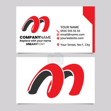 Illustration for Red and Black Business Card Template with Spring Shaped Letter M Logo Icon Over a Light Grey Background - Royalty Free Image