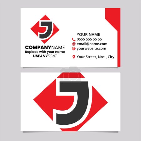Téléchargez les illustrations : Modèle de carte de visite rouge et noire avec diamant carré lettre J Logo icône sur un fond gris clair - en licence libre de droit