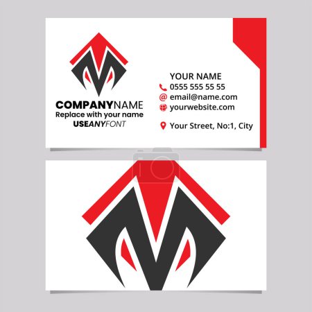 Illustration for Red and Black Business Card Template with Square Diamond Letter M Logo Icon Over a Light Grey Background - Royalty Free Image