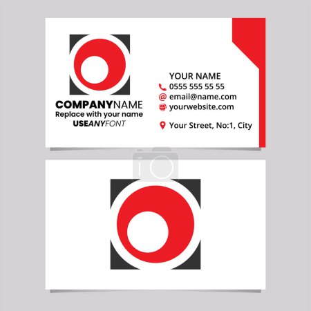 Illustration for Red and Black Business Card Template with Square Letter O Logo Icon Over a Light Grey Background - Royalty Free Image
