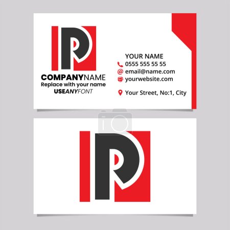 Ilustración de Plantilla de tarjeta de visita roja y negra con letra cuadrada P icono del logotipo sobre un fondo gris claro - Imagen libre de derechos