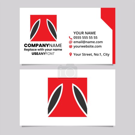 Illustration for Red and Black Business Card Template with Square Letter T Logo Icon Over a Light Grey Background - Royalty Free Image