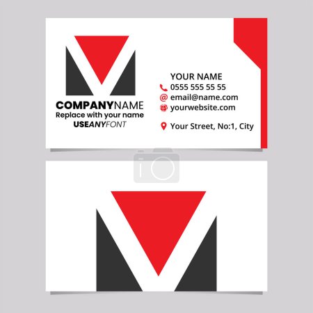 Ilustración de Plantilla de tarjeta de visita roja y negra con el icono del logotipo cuadrado de la letra V sobre un fondo gris claro - Imagen libre de derechos